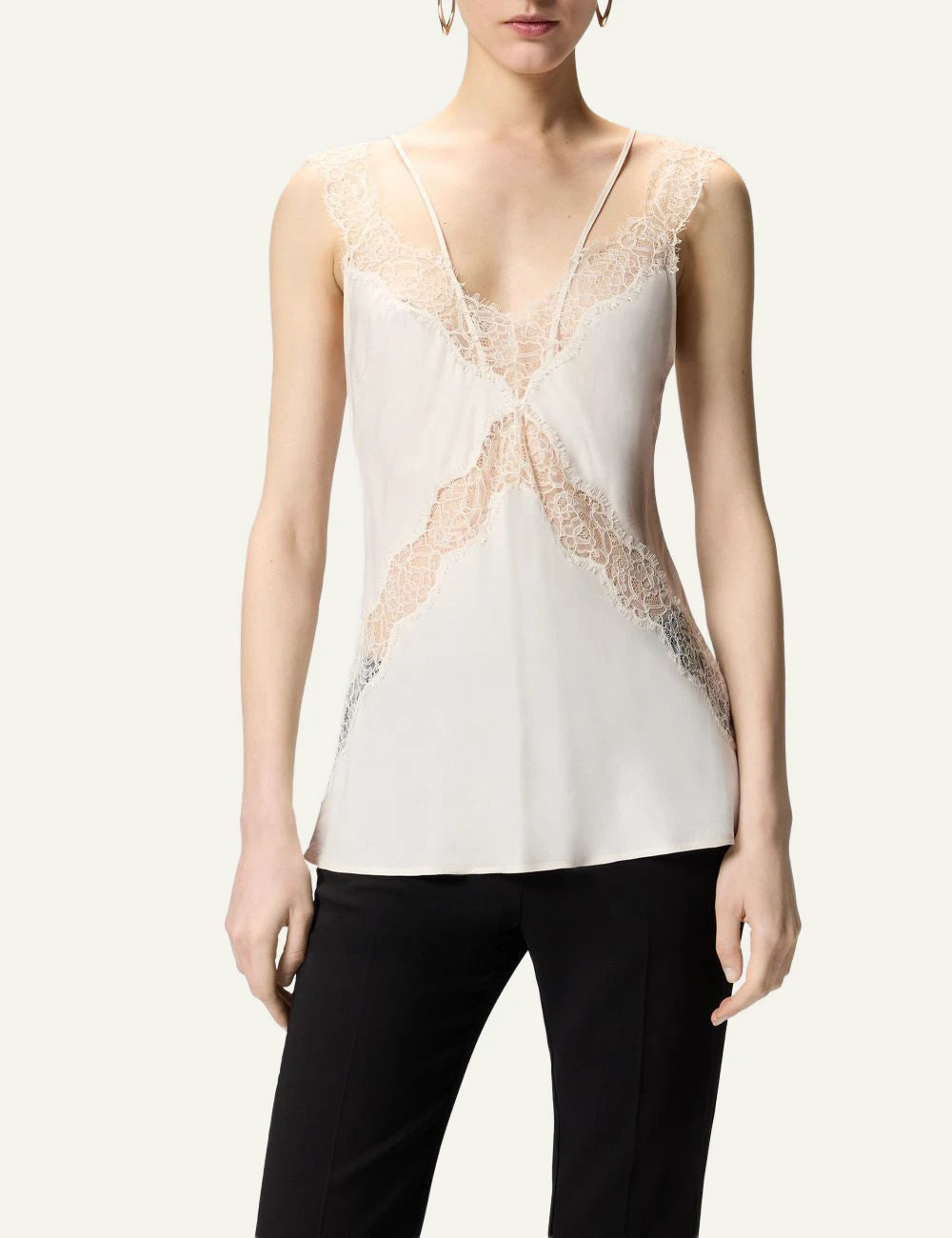 Pinko lace top beige lingerie style V neck front model view