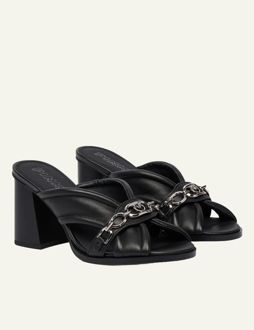 pinko lara 01 slides black heeled leather peep toe angled view