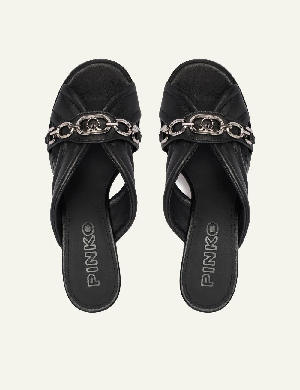 pinko lara 01 slides black heeled leather peep toe top view