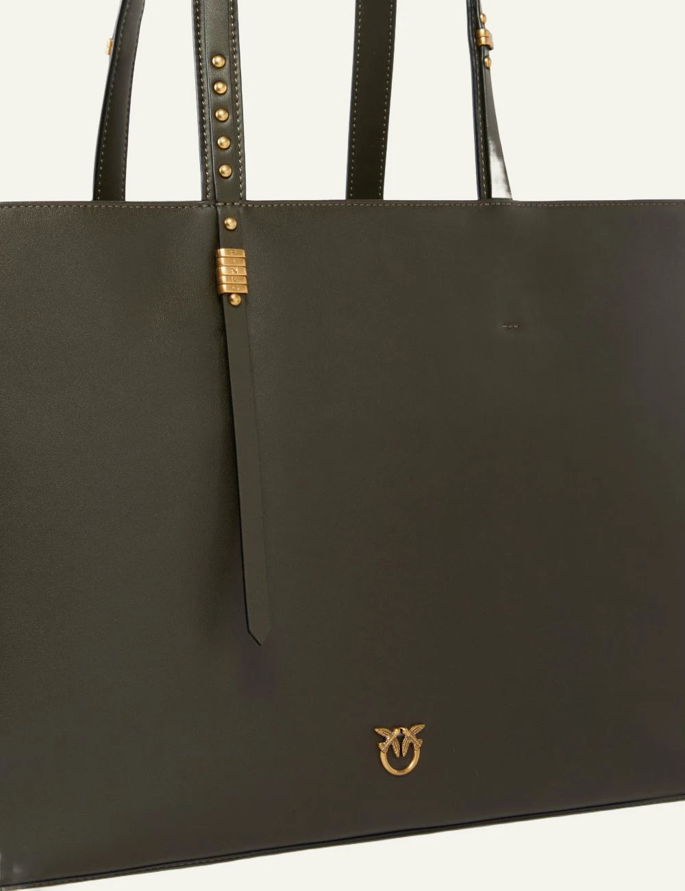 Pinko leather shopper bag dark olive front view with gold logo and studded handles front detail view