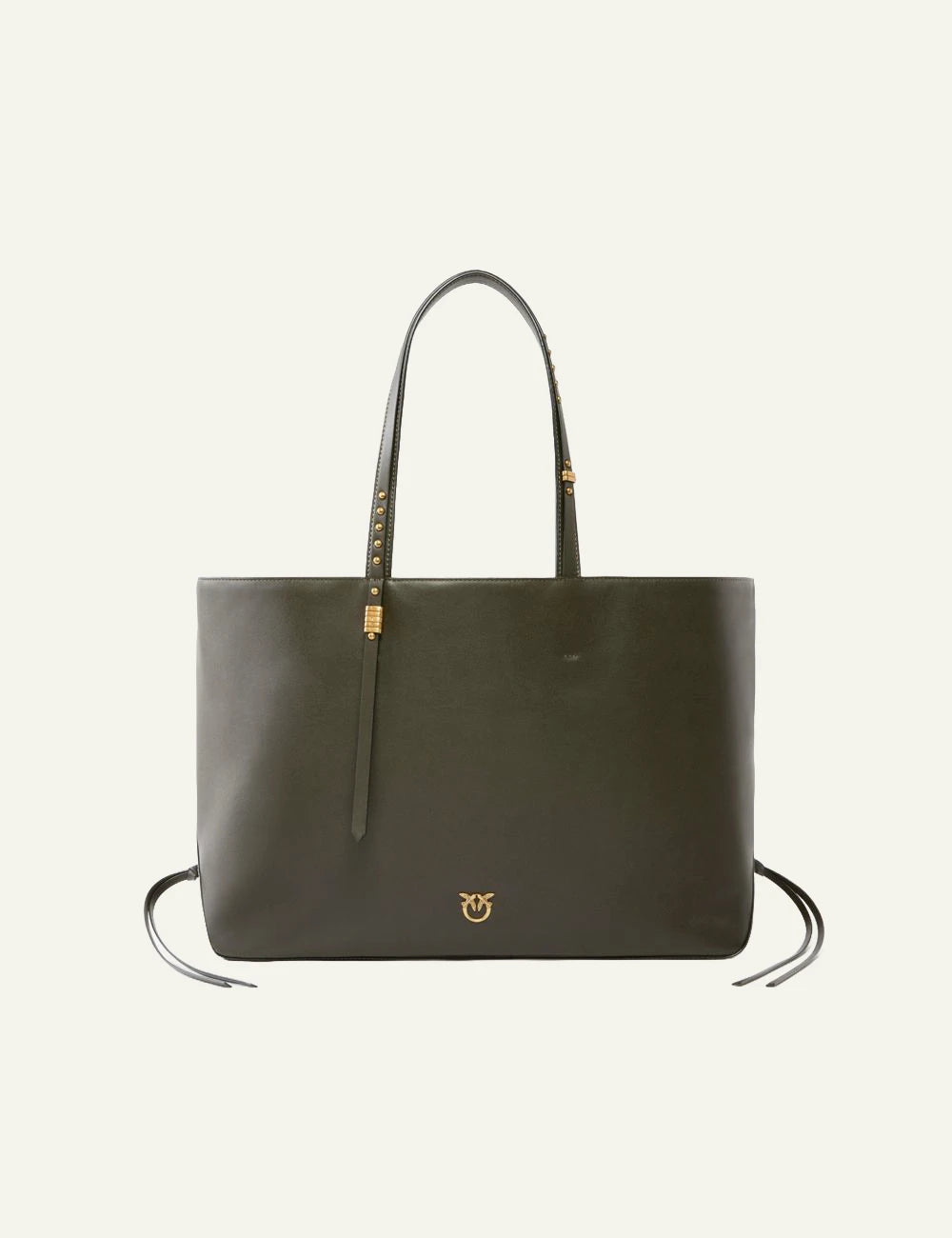 Pinko leather shopper bag dark olive front view with gold logo and studded handles front view