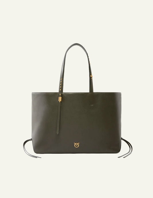 Pinko leather shopper bag dark olive front view with gold logo and studded handles front view
