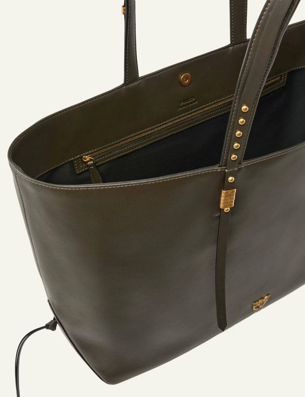 Pinko leather shopper bag dark olive front view with gold logo and studded handles top view