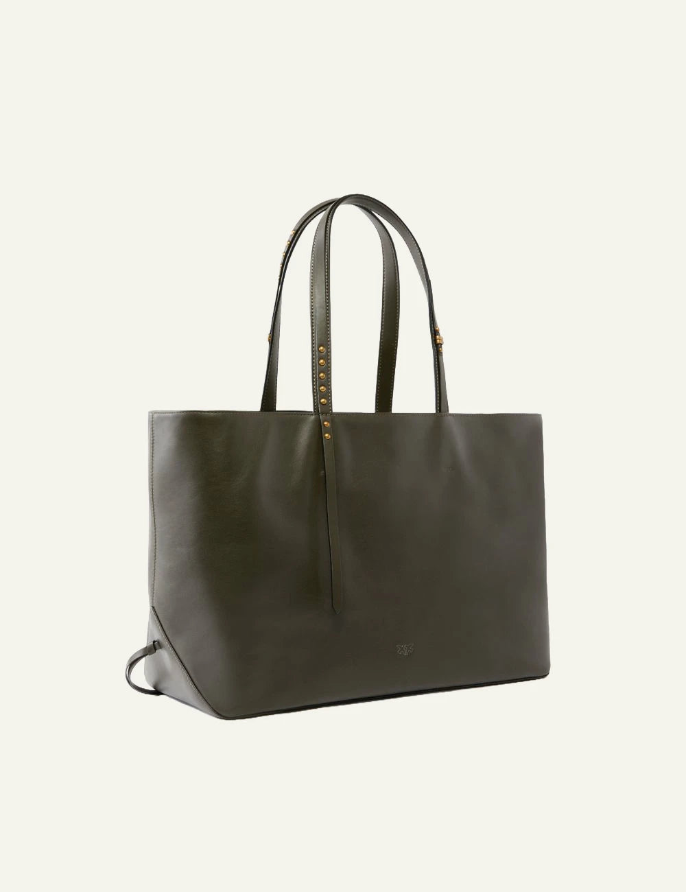 Pinko leather shopper bag dark olive front view with gold logo and studded handles back view