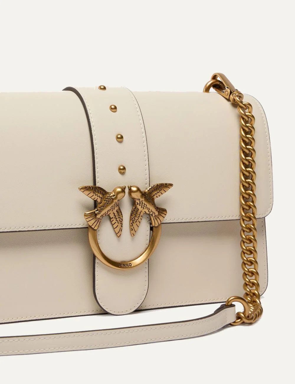 Pinko beige leather shoulder bag gold Love Birds buckle front detail view