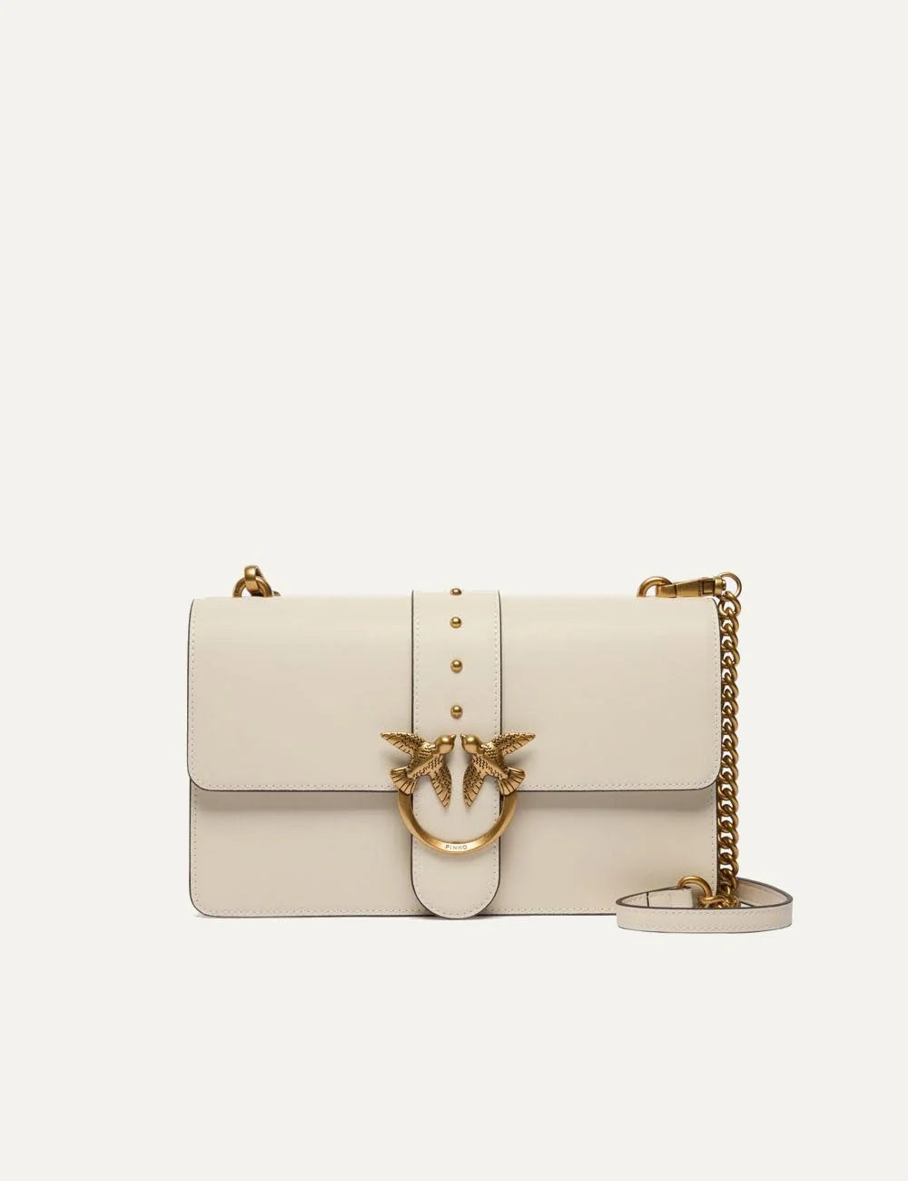 Pinko beige leather shoulder bag gold Love Birds buckle front view