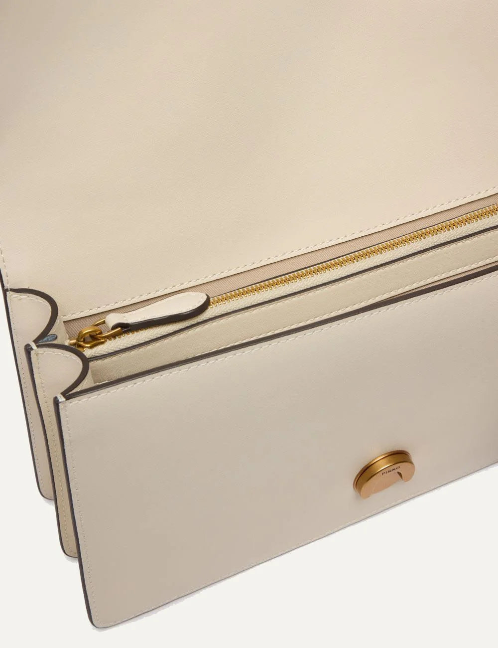 Pinko beige leather shoulder bag gold Love Birds buckle top view