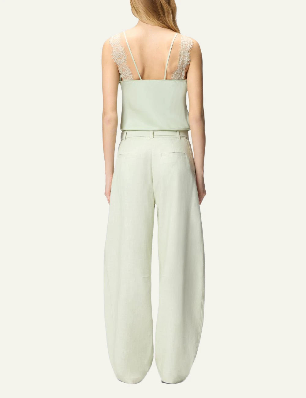 Pinko lingerie style lace top light green V neck back flat view