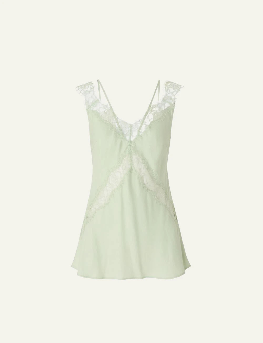 Pinko lingerie style lace top light green V neck front flat view