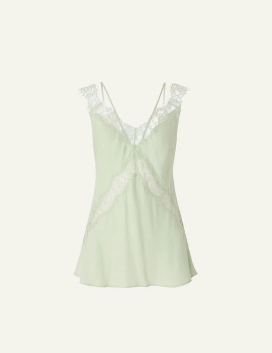 Pinko lingerie style lace top light green V neck front flat view