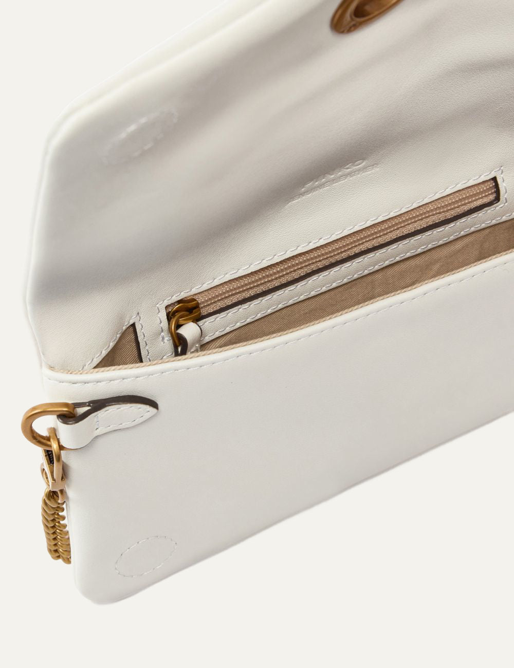 Pinko Love Bag mini pochette cream leather me gold chain kai Love Birds logo top view
