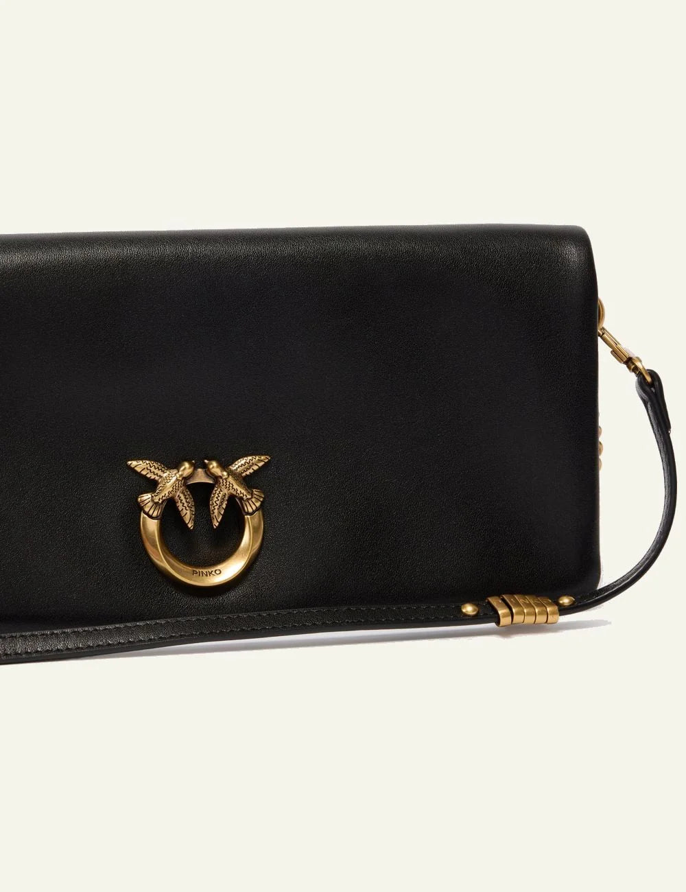 Pinko Love Bag pochette black leather shoulder crossbody me Love Birds logo front detail view