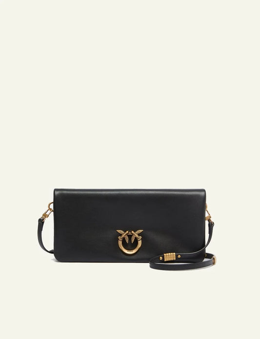 Pinko Love Bag pochette black leather shoulder crossbody me Love Birds logo front view