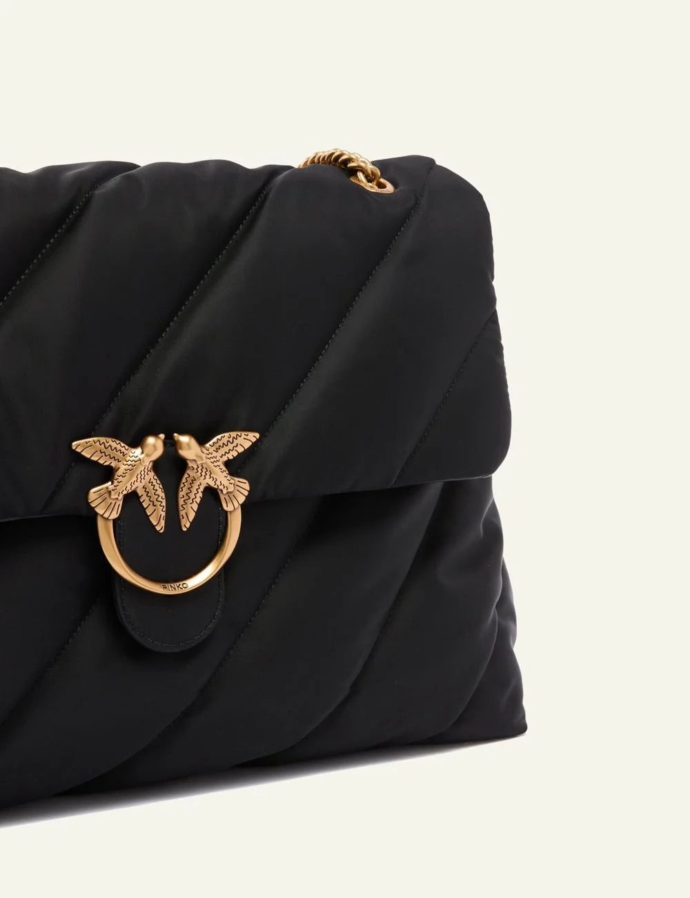 Pinko Love Bag Puff black quilted nylon chain strap front detail view