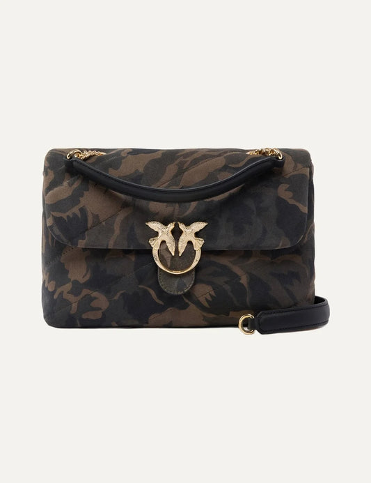 Pinko Love Bag Puff medium brown and black camouflage suede shoulder bag with quilted design and gold Love Birds buckle.