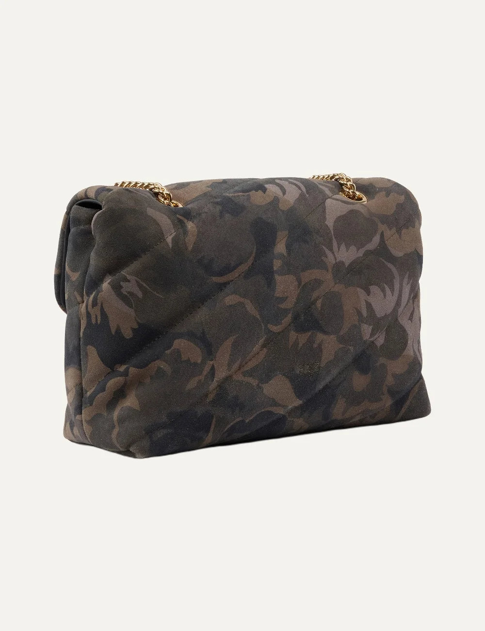 Pinko Love Bag Puff medium brown and black camouflage suede shoulder bag with quilted design and gold Love Birds buckle back