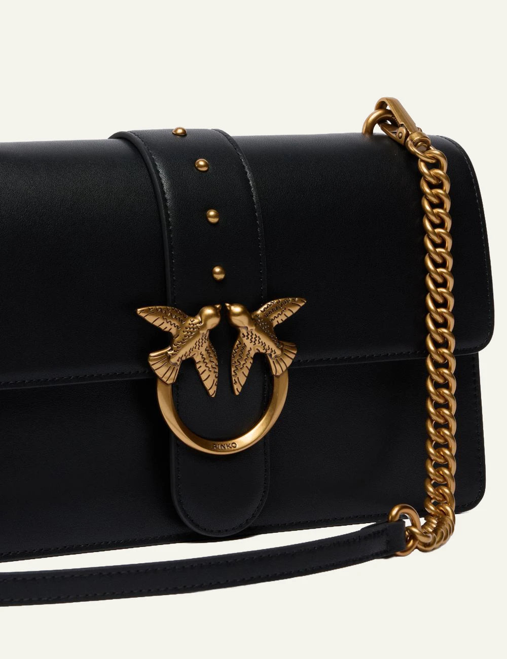 Pinko Love Birds bag black leather medium crossbody front detail view