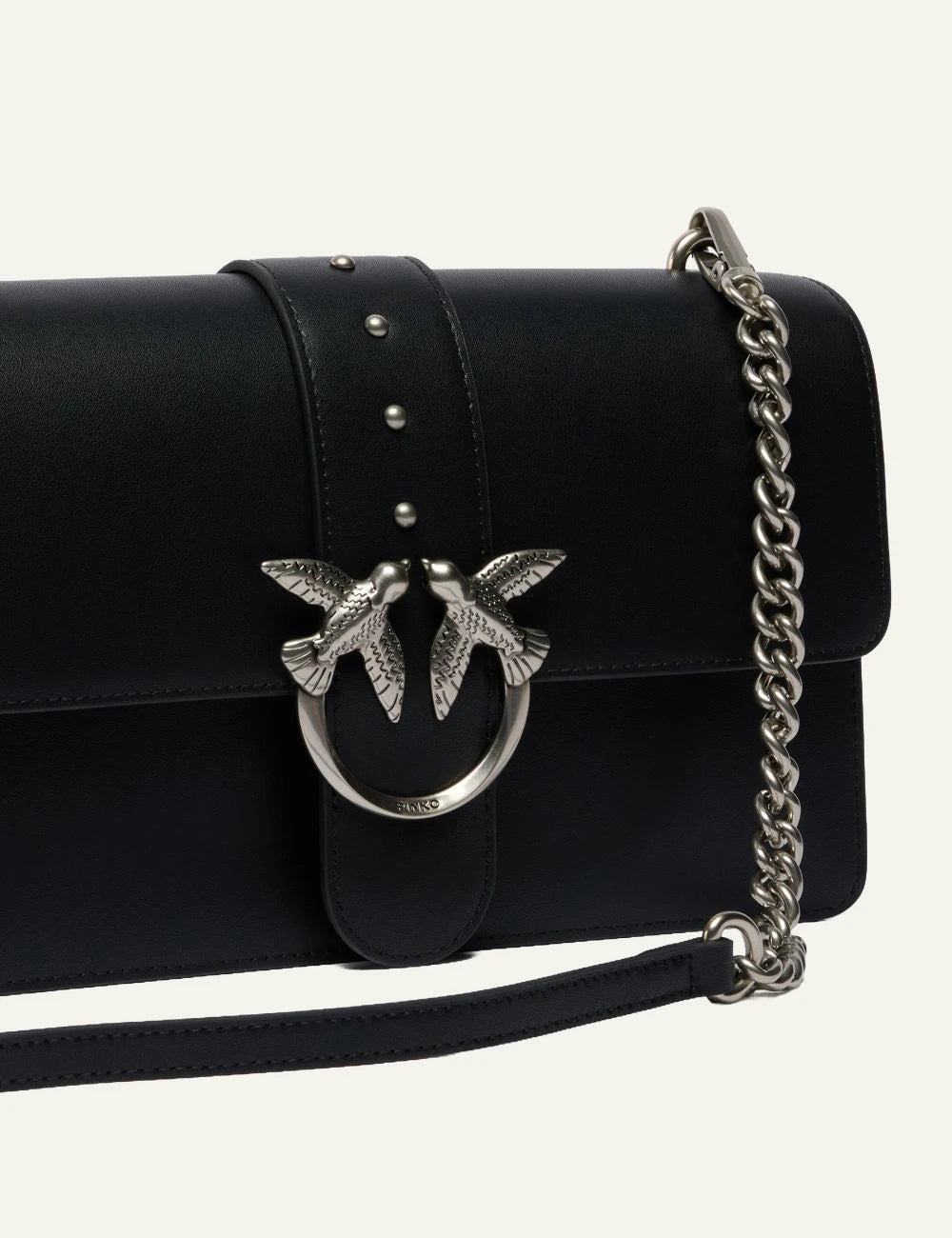 Pinko Love Birds bag black leather medium crossbody silver hardware front detail view