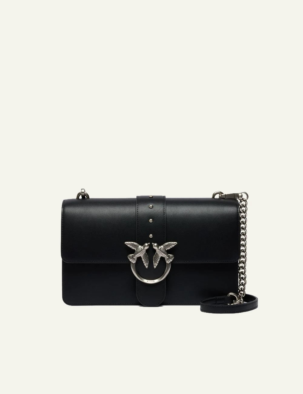 Pinko Love Birds bag black leather medium crossbody silver hardware front view