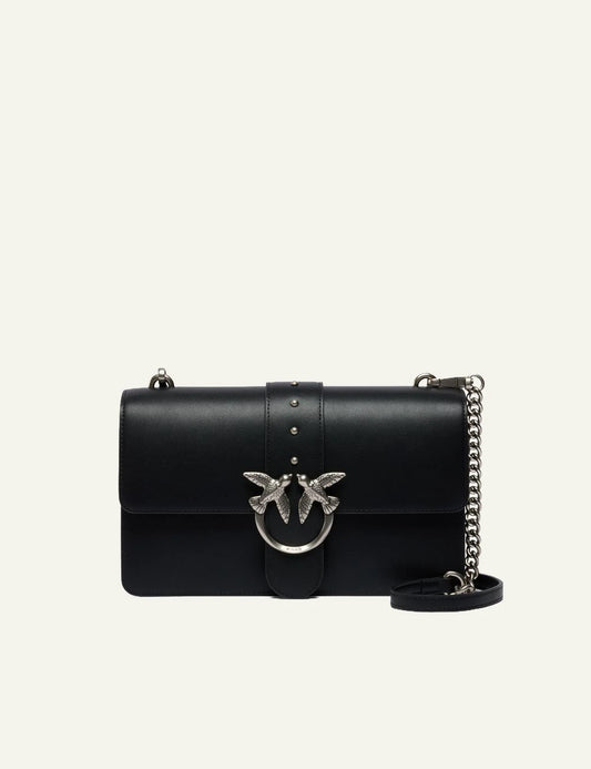 Pinko Love Birds bag black leather medium crossbody silver hardware front view