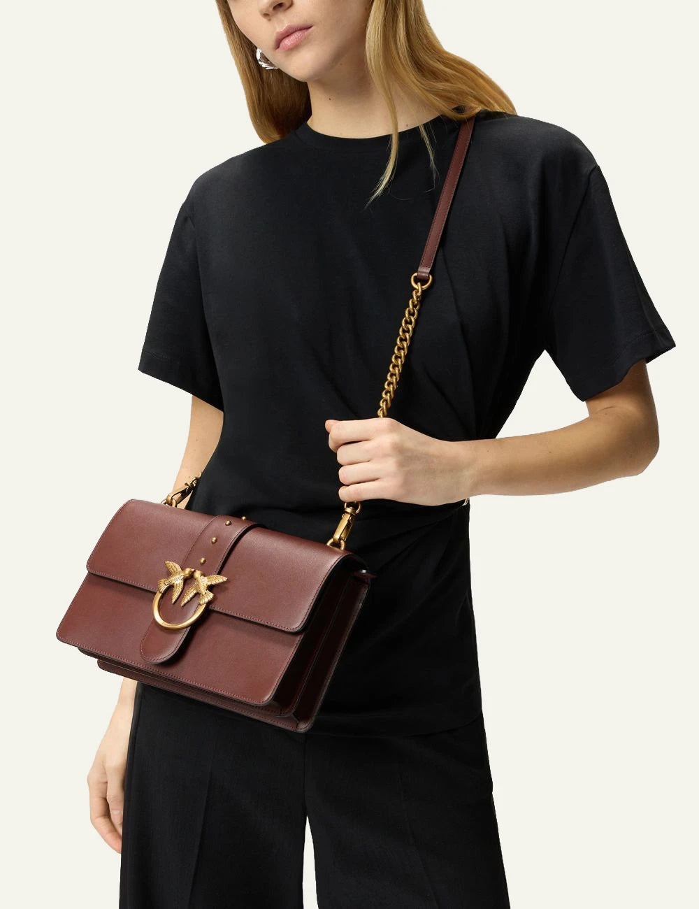 Pinko Love Birds bag brown leather medium crossbody front model view