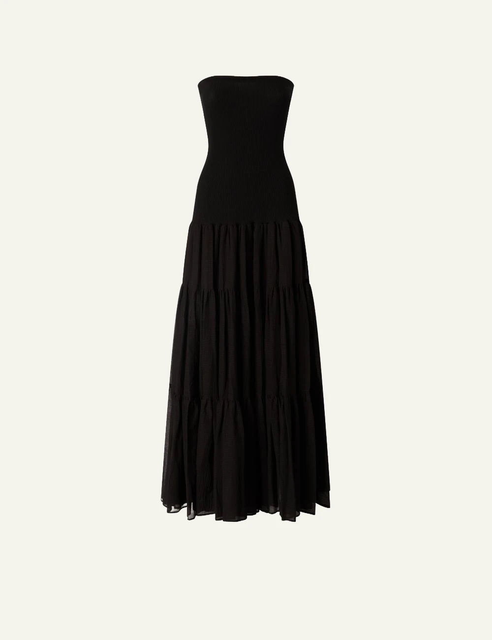 Pinko maxi dress black strapless knit top seersucker skirt front flat view