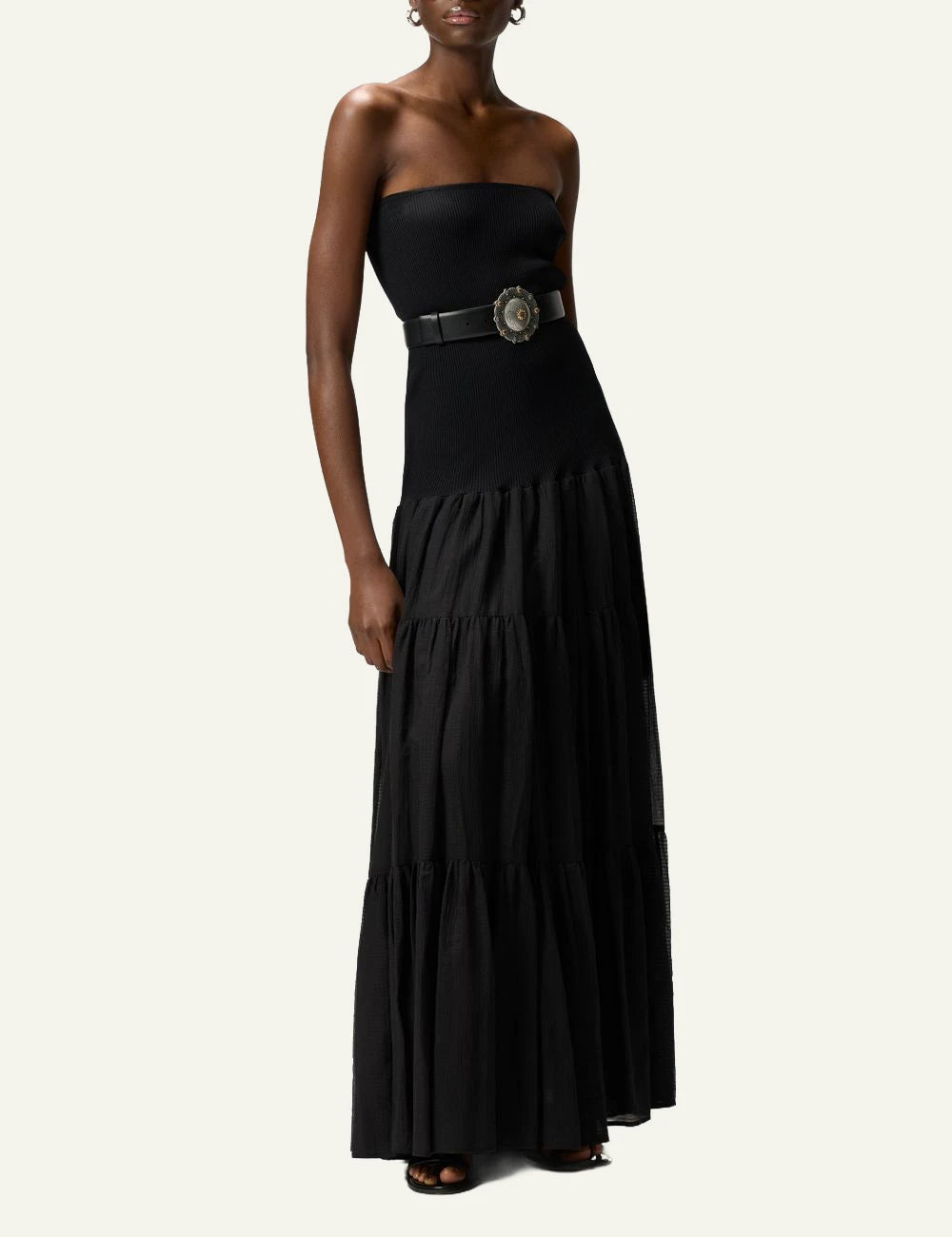 Pinko maxi dress black strapless knit top seersucker skirt front full body view
