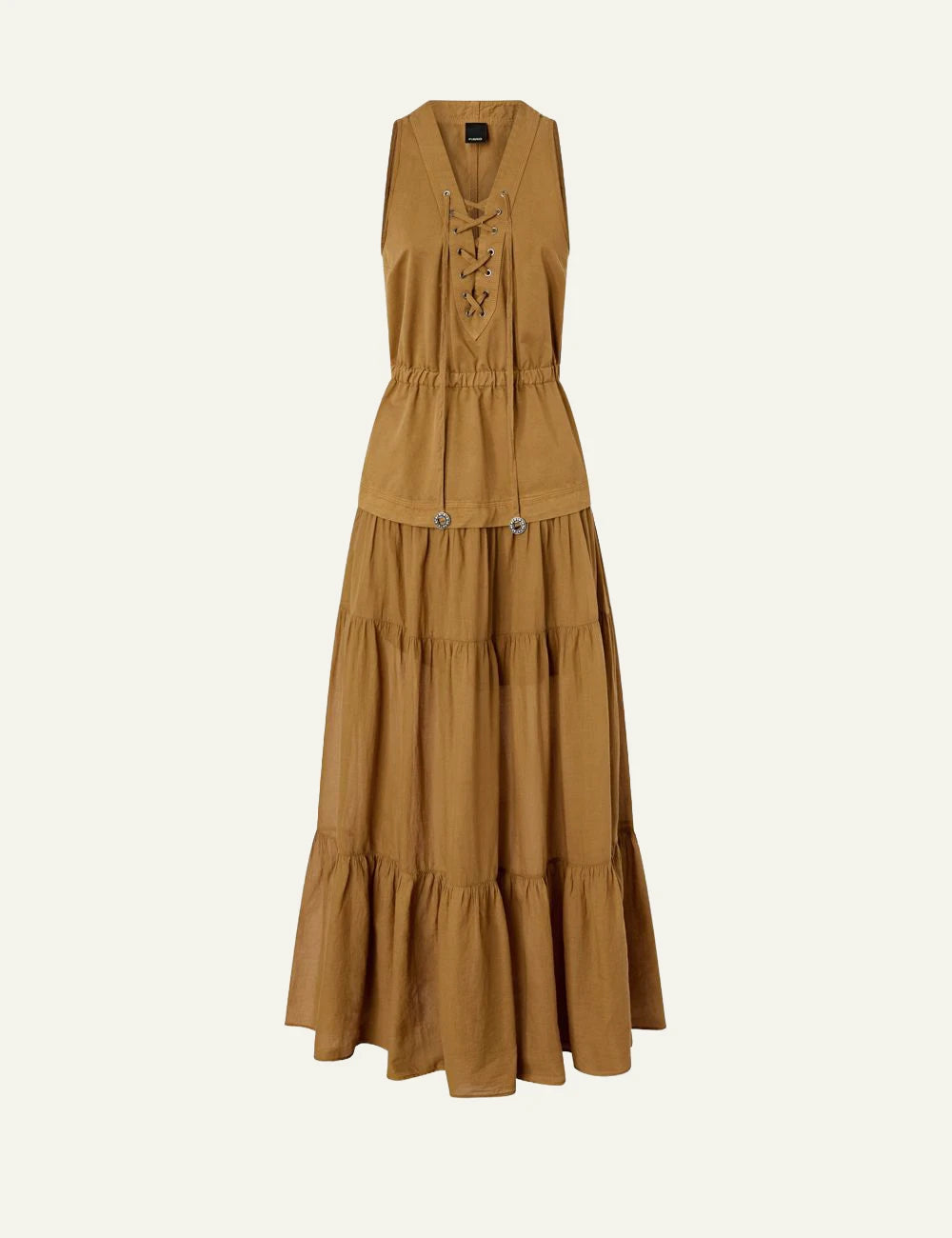 Pinko maxi dress brown V neck lace up bodice boho style front flat view
