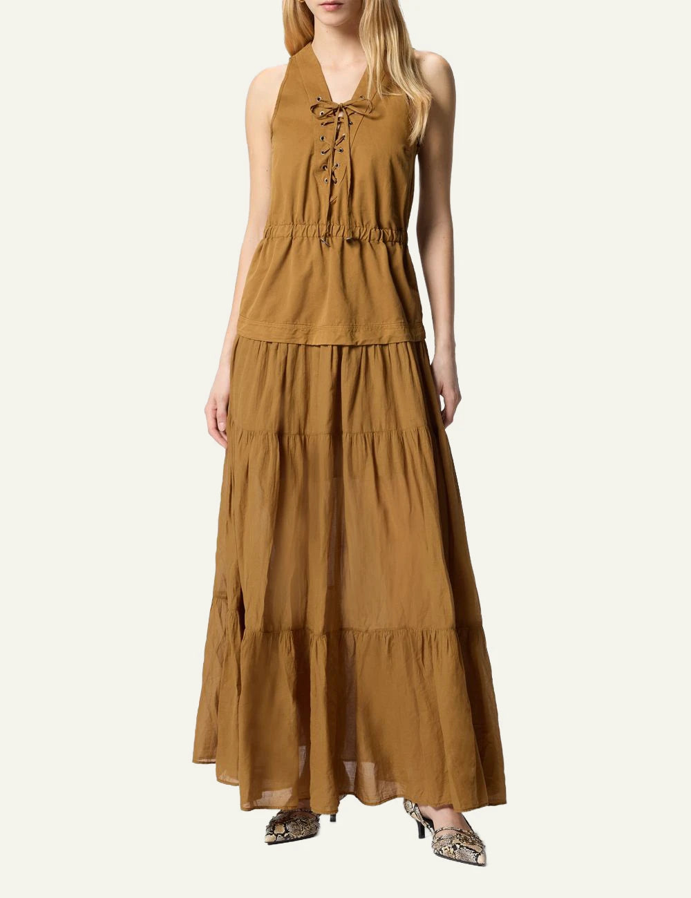 Pinko maxi dress brown V neck lace up bodice boho style front full body view