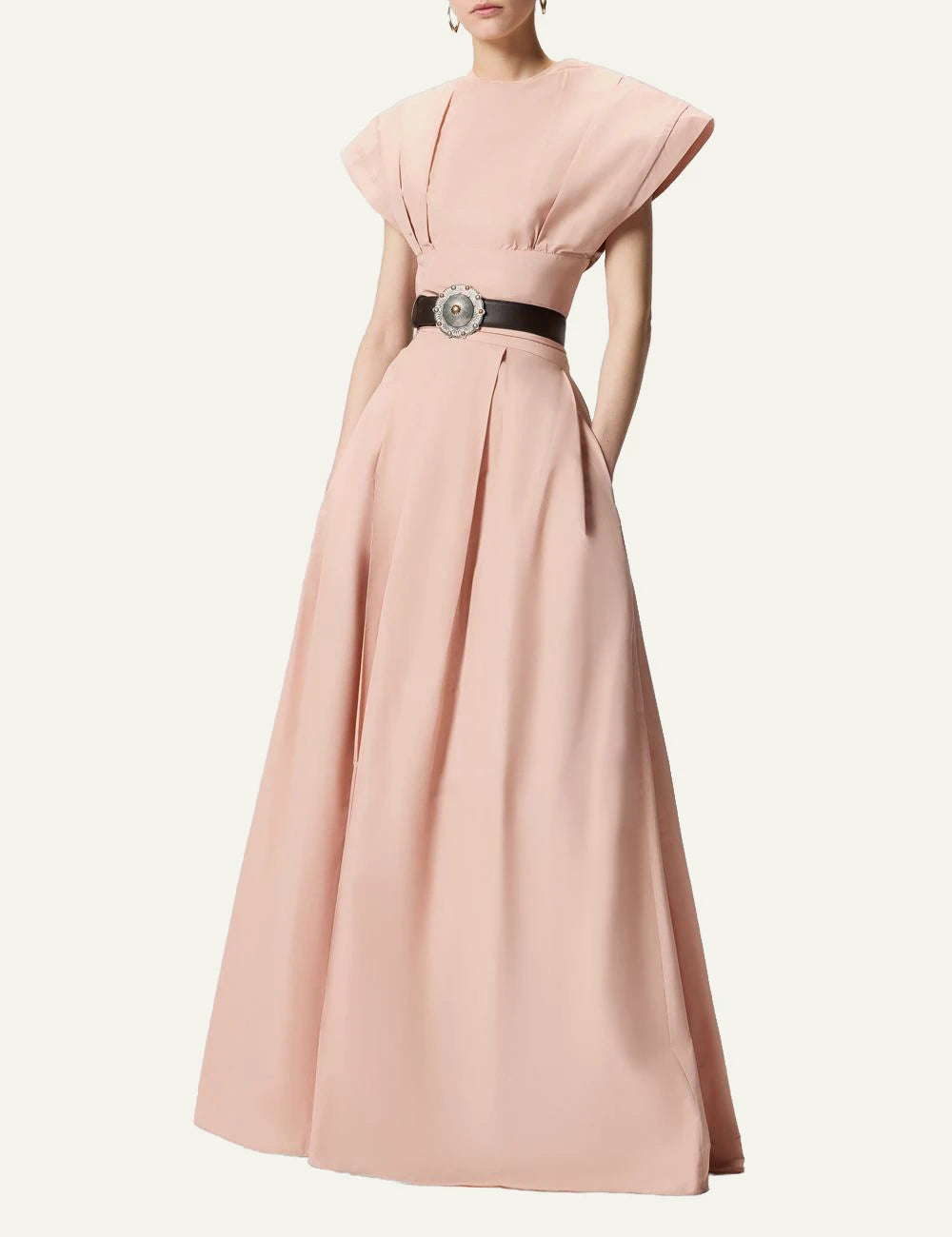 Pinko maxi skirt taffeta nude wrap tie waist front full body view