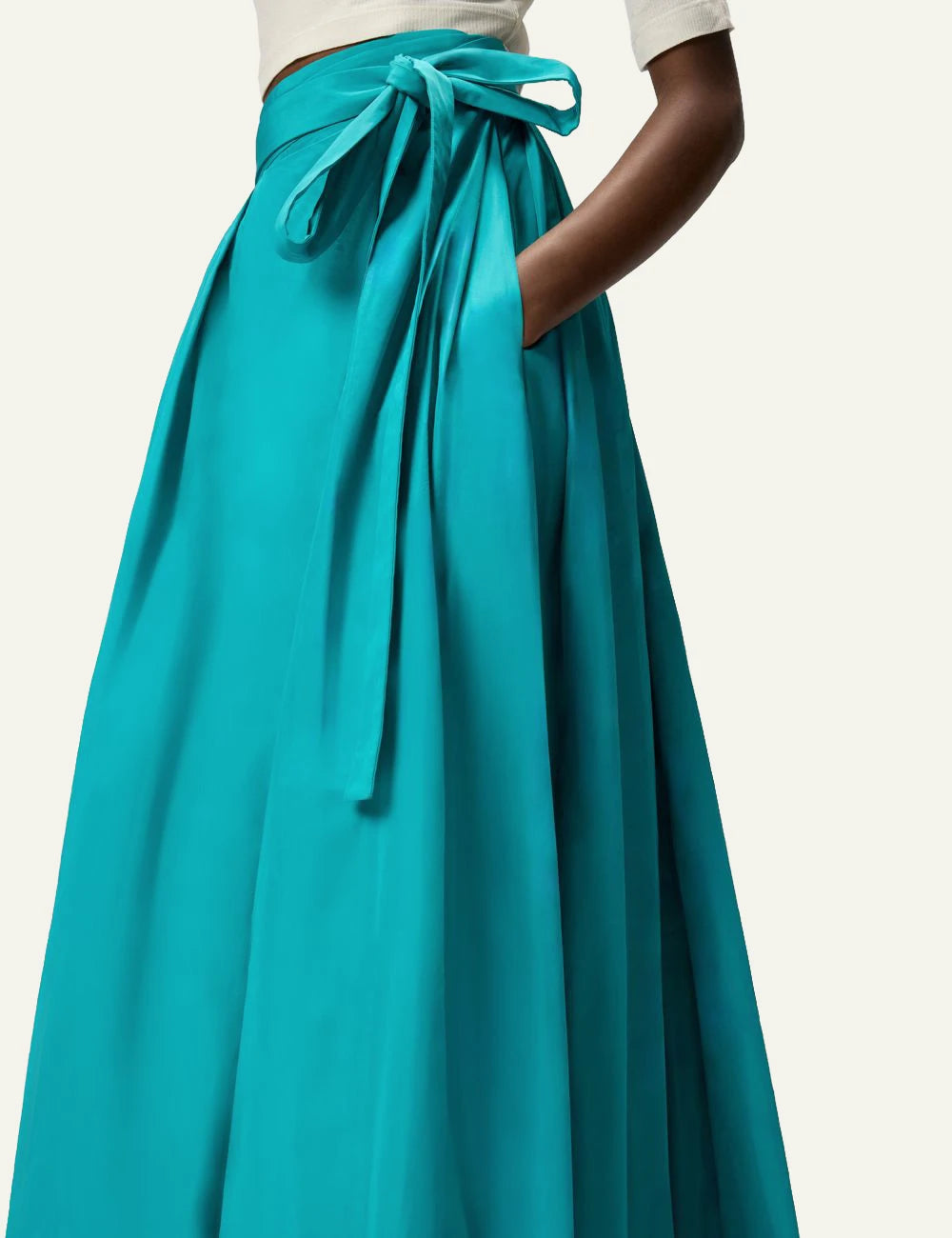 Pinko maxi skirt taffeta turquoise wrap tie waist side view