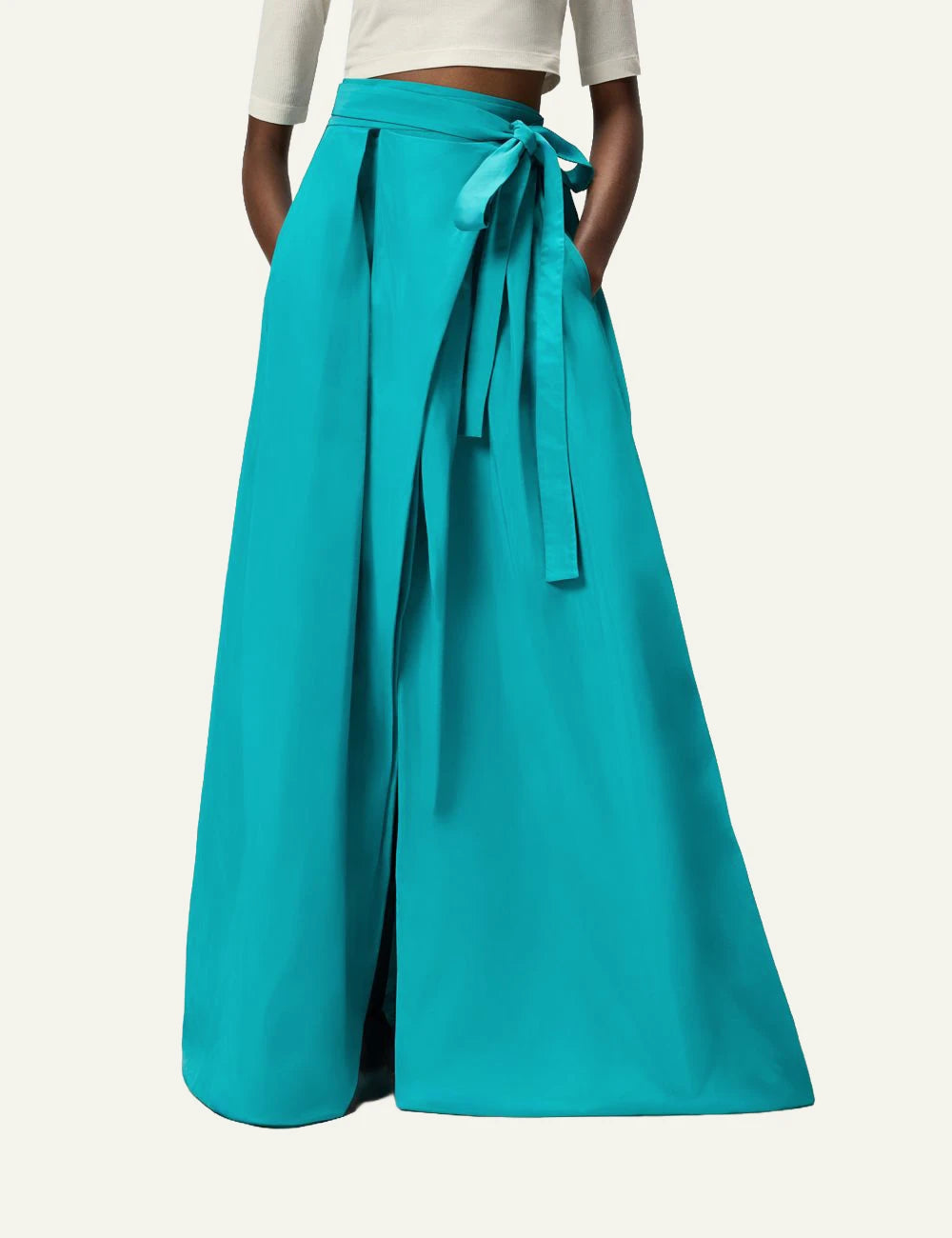 Pinko maxi skirt taffeta turquoise wrap tie waist front model view