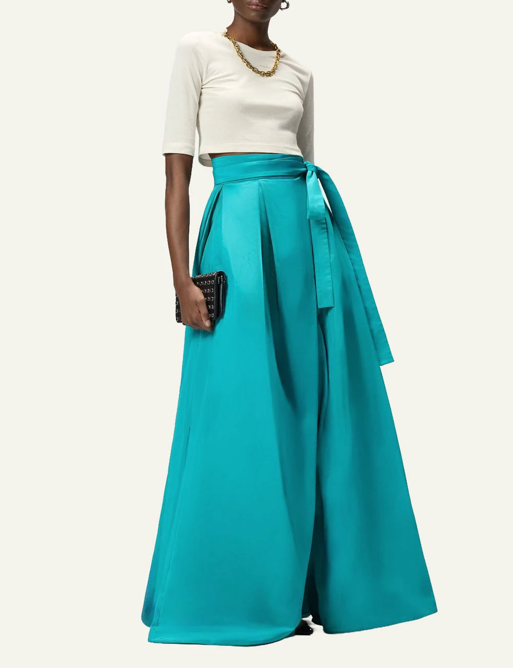 Pinko maxi skirt taffeta turquoise wrap tie waist front full body view
