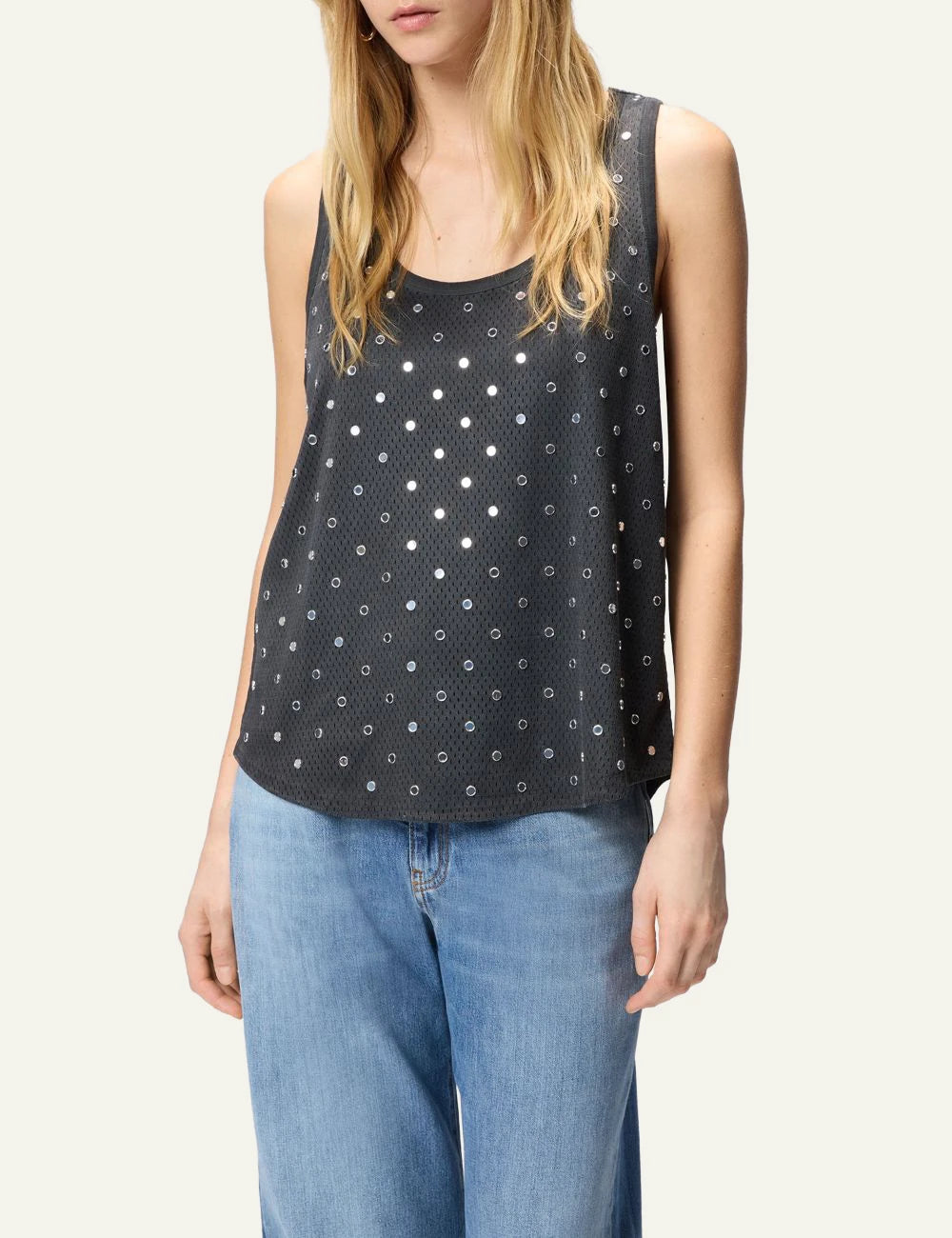 Pinko mesh tank top black mirror details front model view
