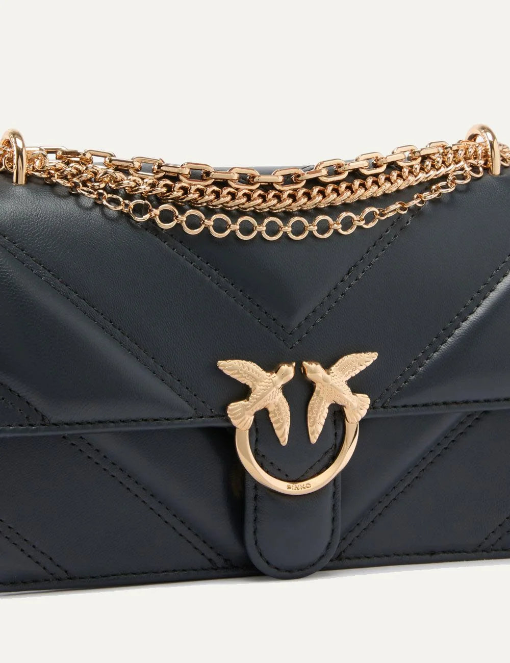 Pinko Mini Love Bag black chevron leather quilted gold chain front detail view