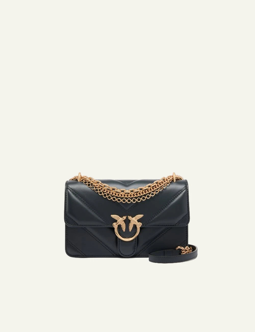 Pinko Mini Love Bag black chevron leather quilted gold chain front view