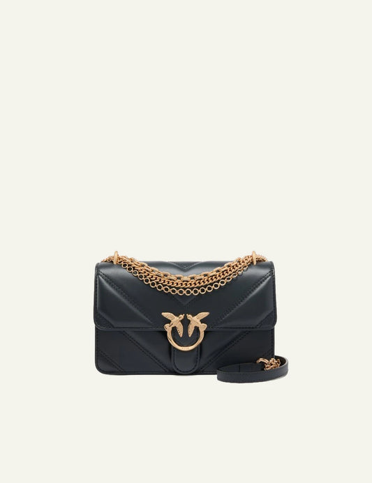 Pinko Mini Love Bag black chevron leather quilted gold chain front view