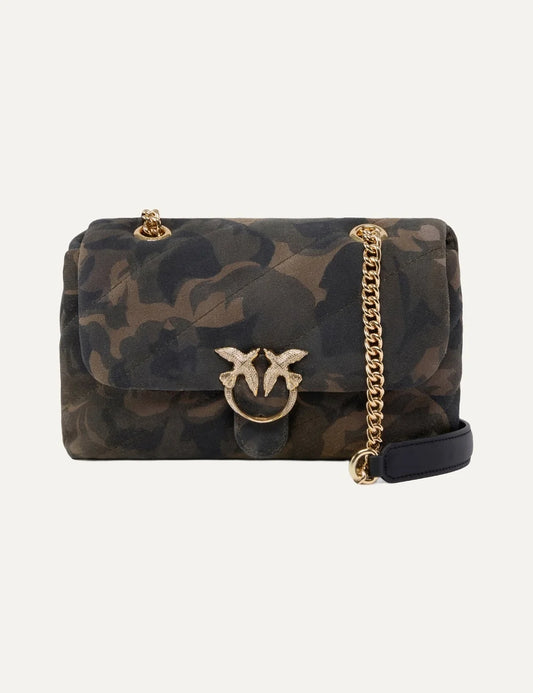 Pinko Mini Love Bag Puff camouflage suede shoulder bag with quilted flap, gold Love Birds buckle and chain strap.