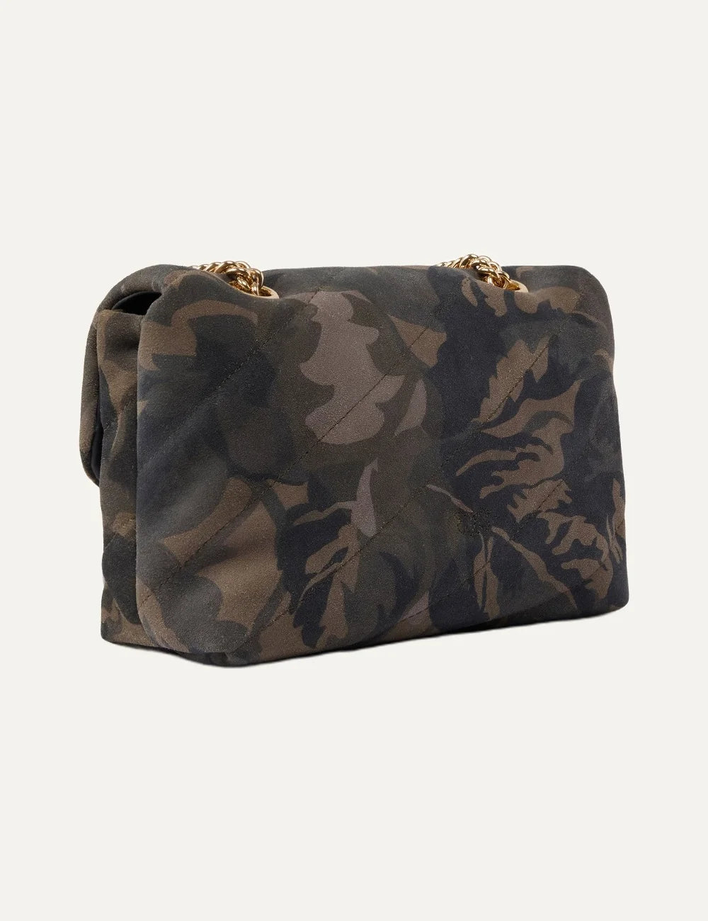 Pinko Mini Love Bag Puff camouflage suede shoulder bag with quilted flap, gold Love Birds buckle and chain strap back