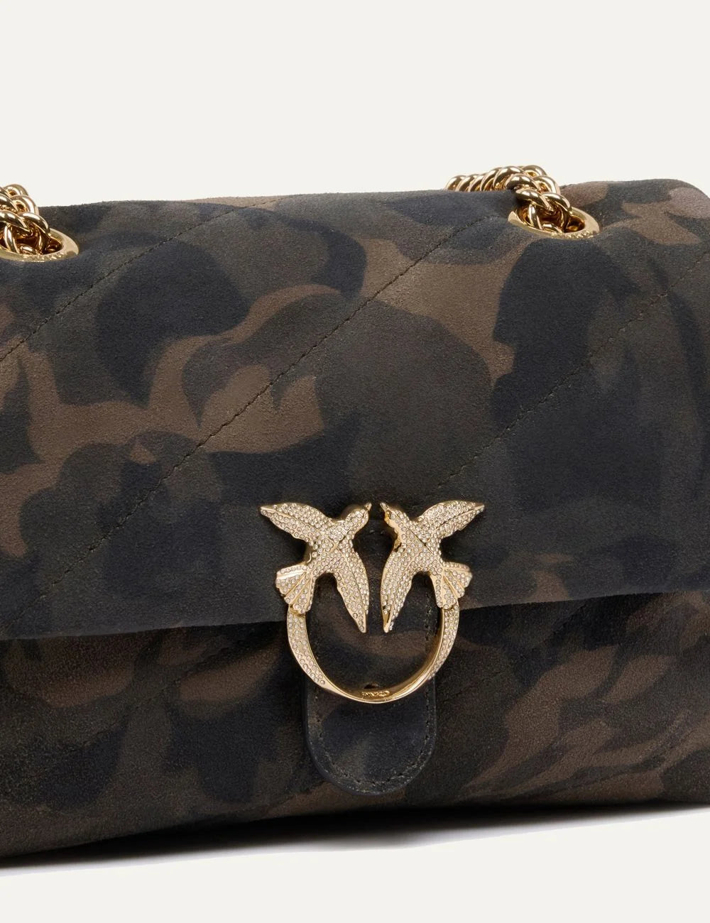 Pinko Mini Love Bag Puff camouflage suede shoulder bag with quilted flap, gold Love Birds buckle and chain strap detail