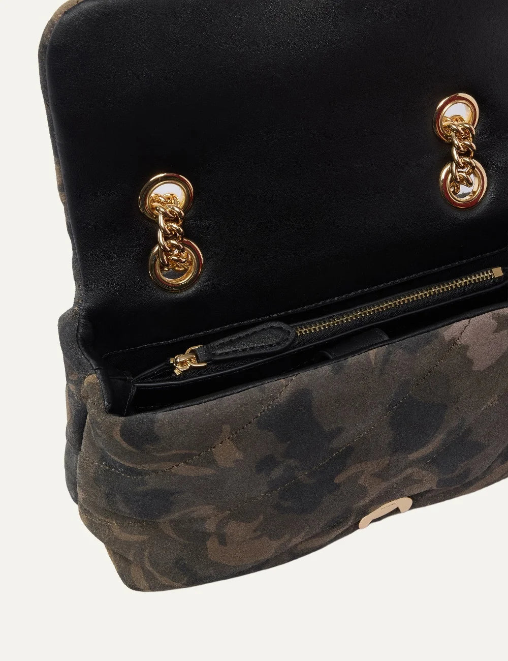Pinko Mini Love Bag Puff camouflage suede shoulder bag with quilted flap, gold Love Birds buckle and chain strap top