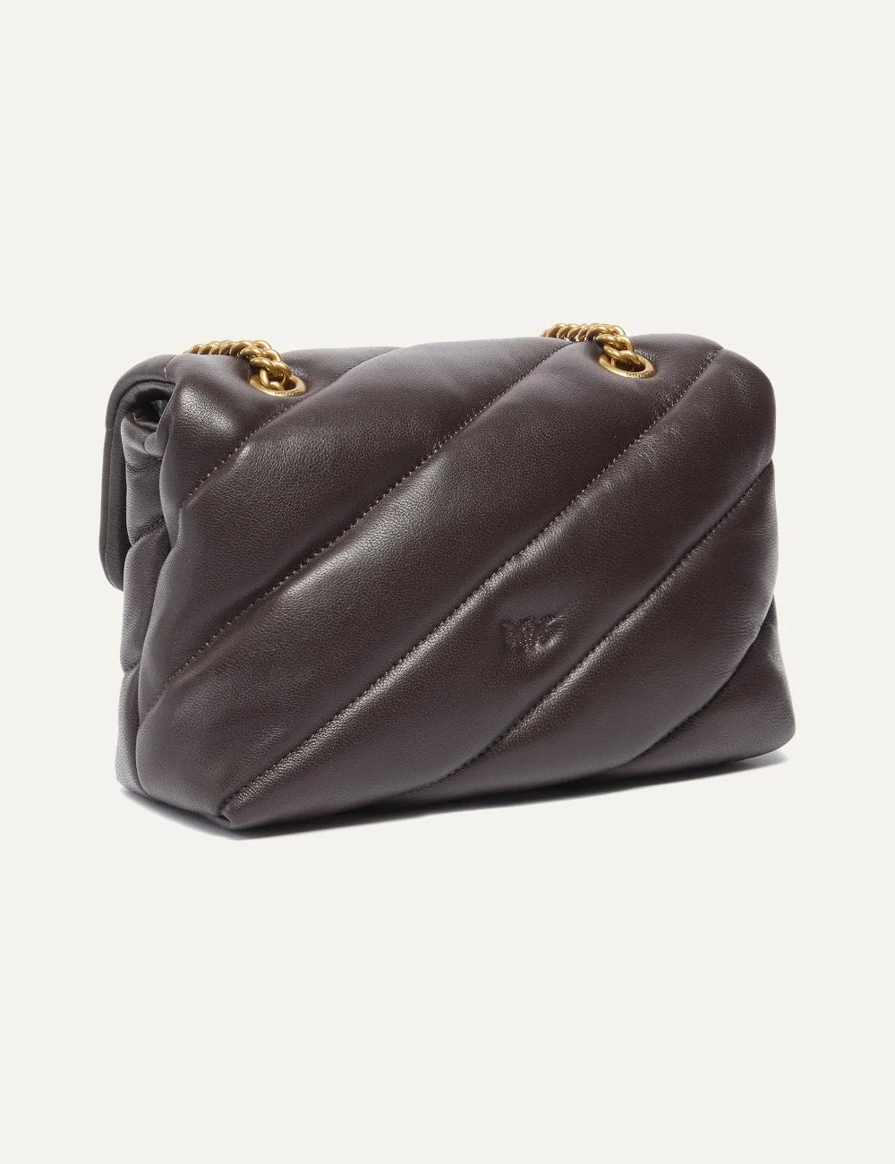 Pinko Mini Love Bag Puff dark brown quilted leather bag with gold crystal Love Birds buckle and chain strap back