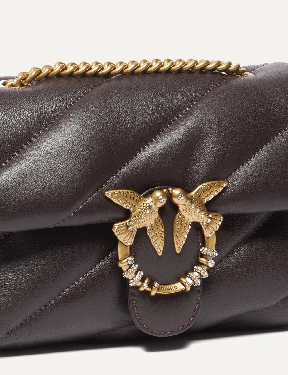 Pinko Mini Love Bag Puff dark brown quilted leather bag with gold crystal Love Birds buckle and chain strap detail