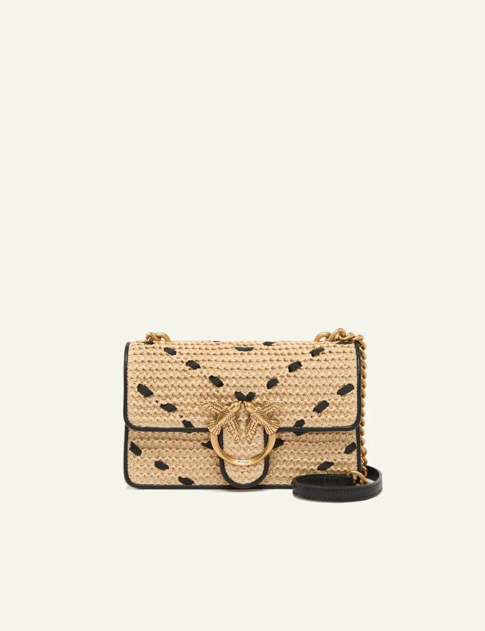 Pinko mini love bag rafia beige black zig zag chain strap front view