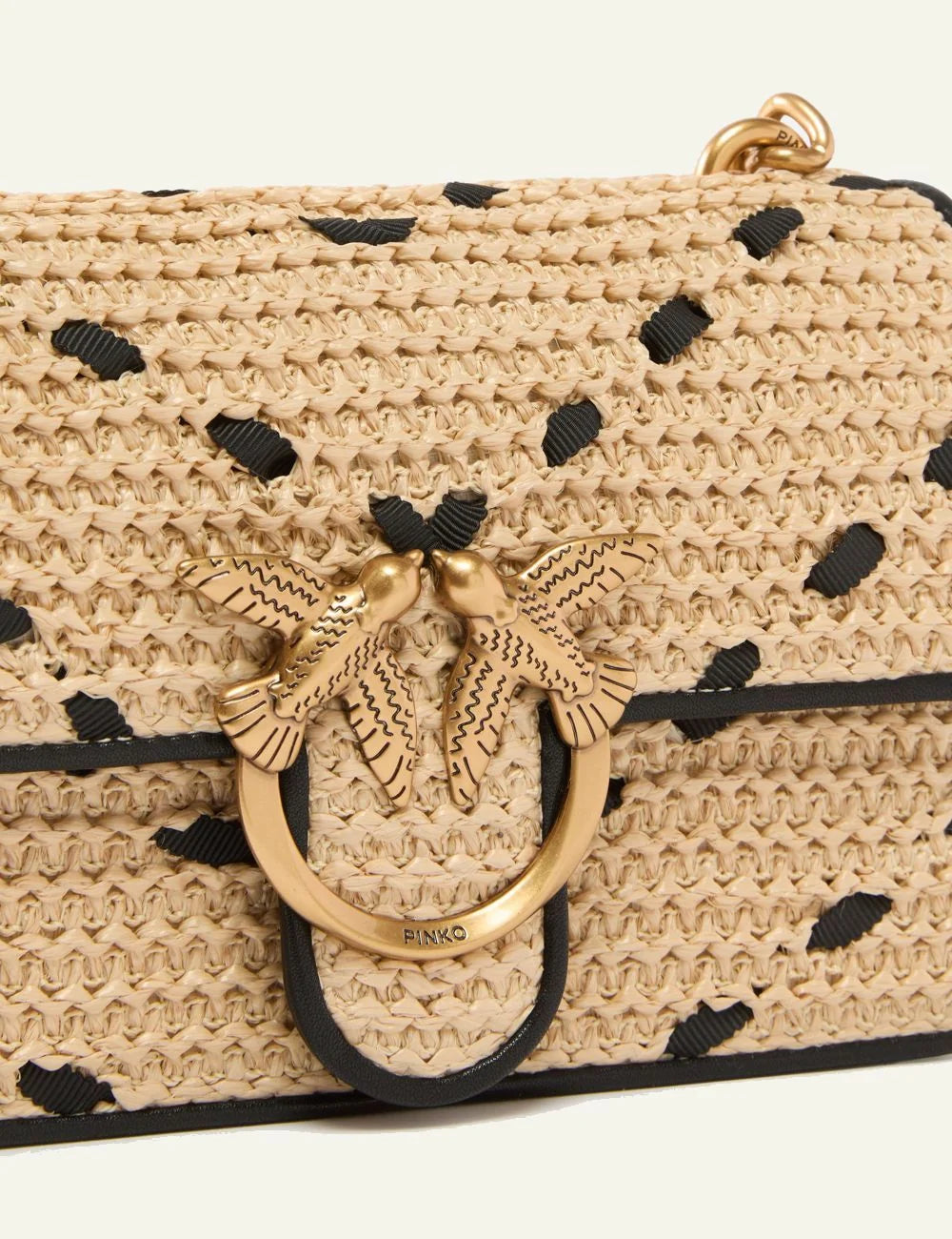 Pinko mini love bag rafia beige black zig zag chain strap front detail view