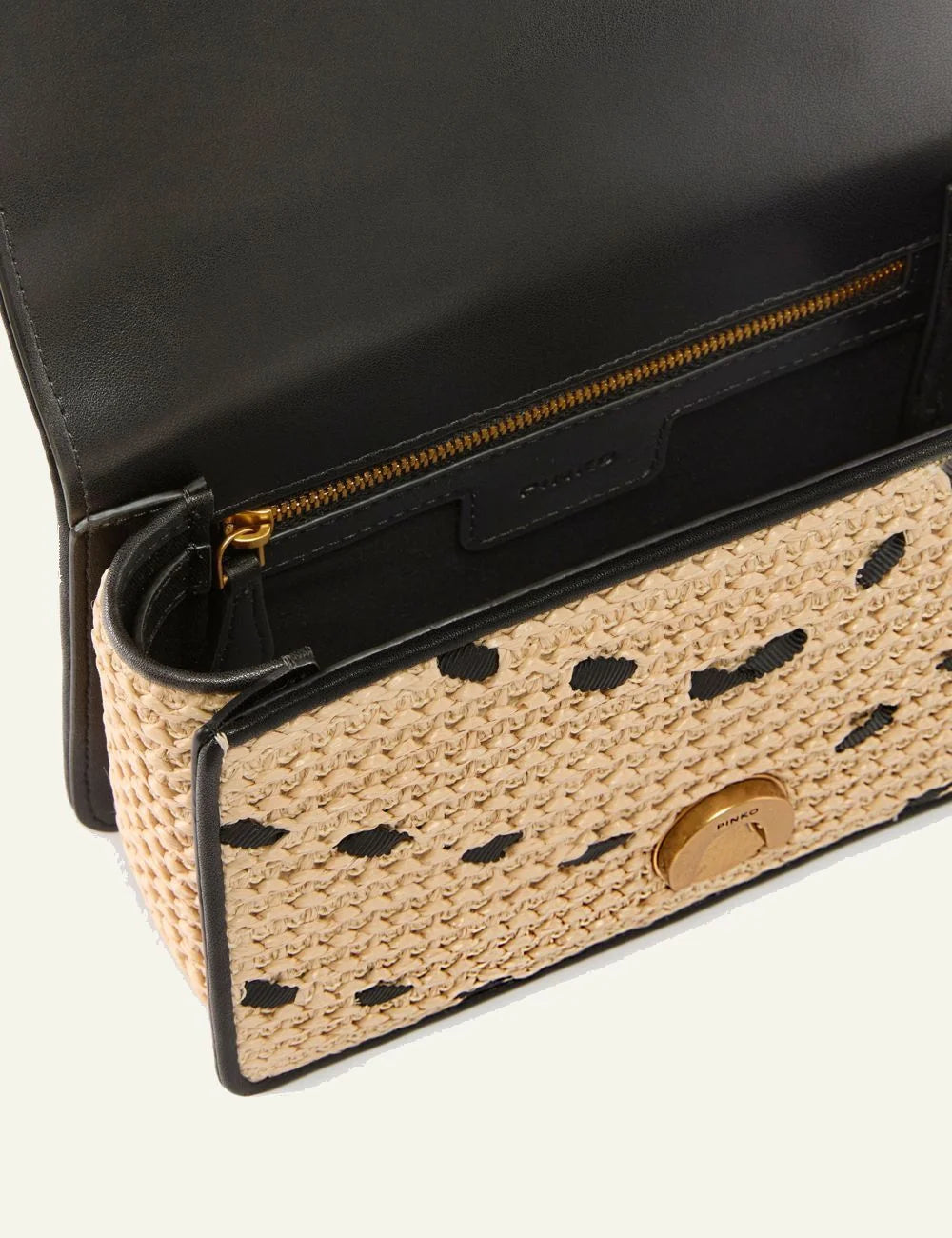 Pinko mini love bag rafia beige black zig zag chain strap top view