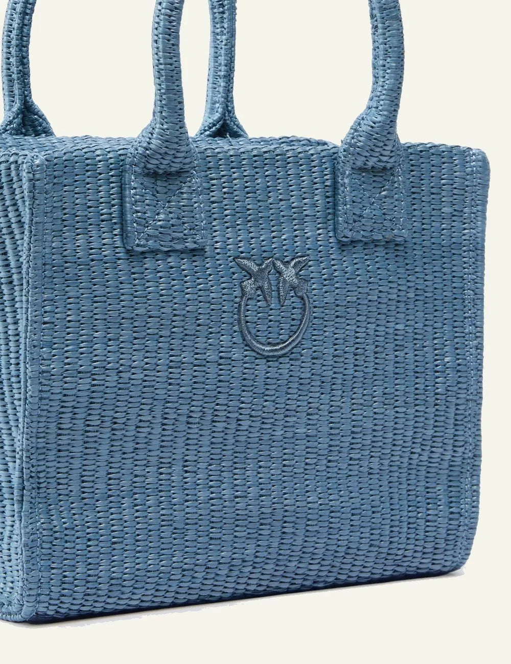 Pinko mini raffia bag blue Love Birds logo front detail view