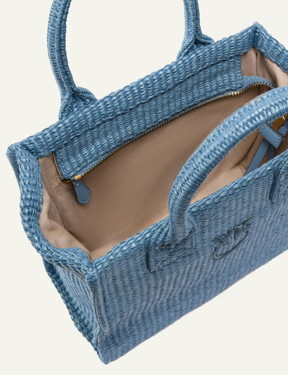 Pinko mini raffia bag blue Love Birds logo top view