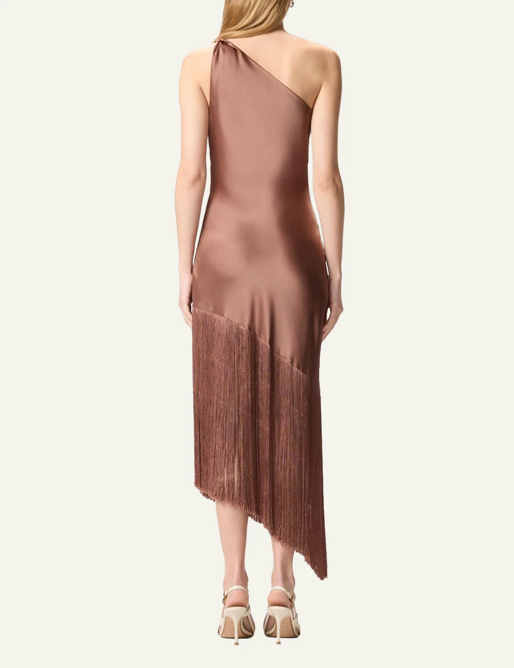 Pinko one shoulder satin dress brown fringe asymmetrical hem back view