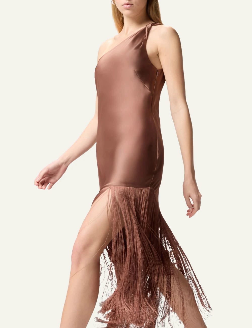 Pinko one shoulder satin dress brown fringe asymmetrical hem front side view